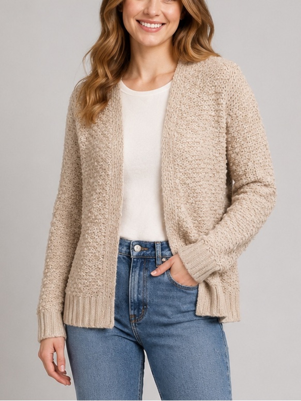 🆕🌾Dex Beige Knit OpenFront Cardigan Sweater Textured Knit Shimmer Neutral Size M